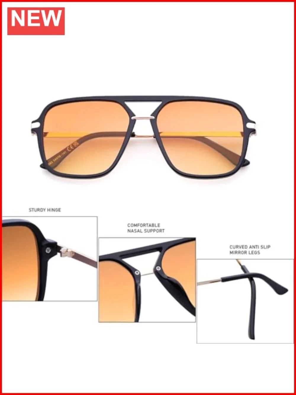 Retro Square Tinted Lens Aviator Sunglasses Tangle Free No Nose Piece for Women